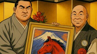 力士がタニマチから絵画を贈呈されているイラスト