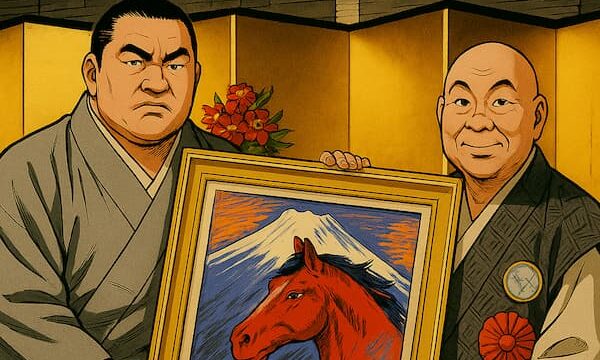 力士がタニマチから絵画を贈呈されているイラスト