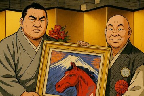 力士がタニマチから絵画を贈呈されているイラスト