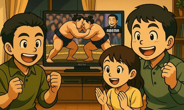 abemaTVで、男女が相撲観戦しているイラスト