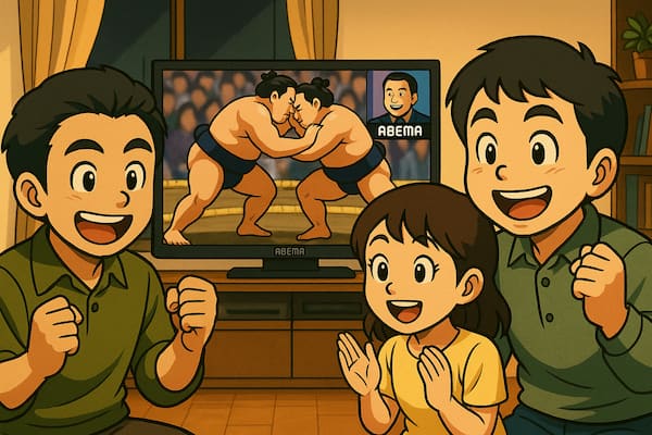 abemaTVで、男女が相撲観戦しているイラスト