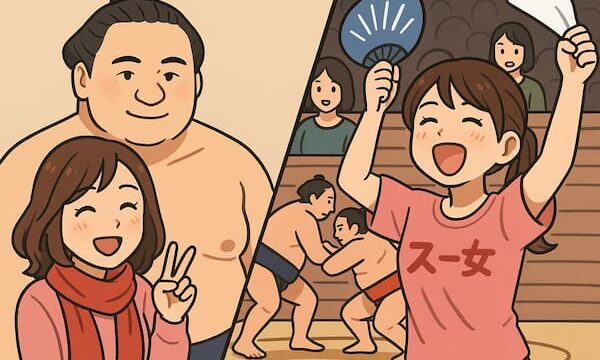 スー女が大相撲を楽しんでいるイラスト