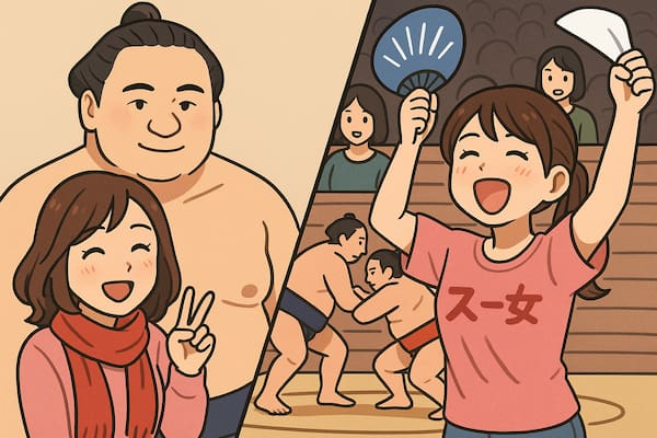 スー女が大相撲を楽しんでいるイラスト