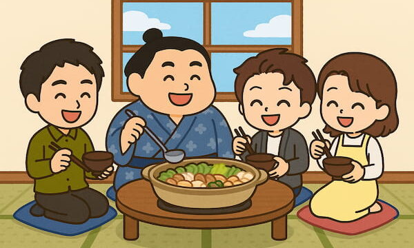 ちゃんこ鍋をみんなで楽しんでいるイラスト