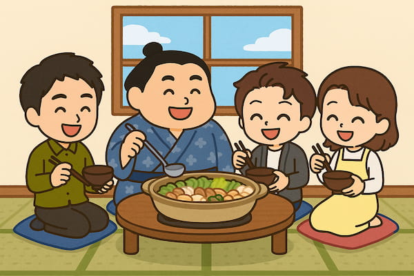 ちゃんこ鍋をみんなで楽しんでいるイラスト