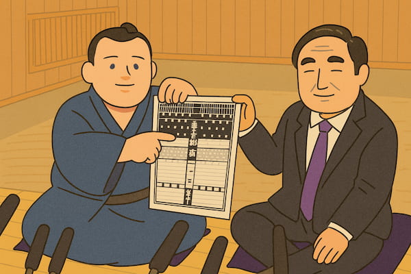 安青錦と安治川親方が一緒に取材を受けているイラスト