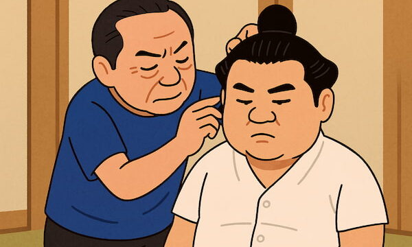 床山が大銀杏を結っているイラスト