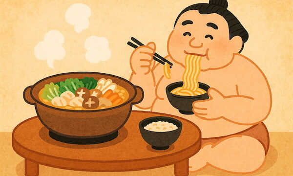 力士がちゃんこのシメを食べているイラスト