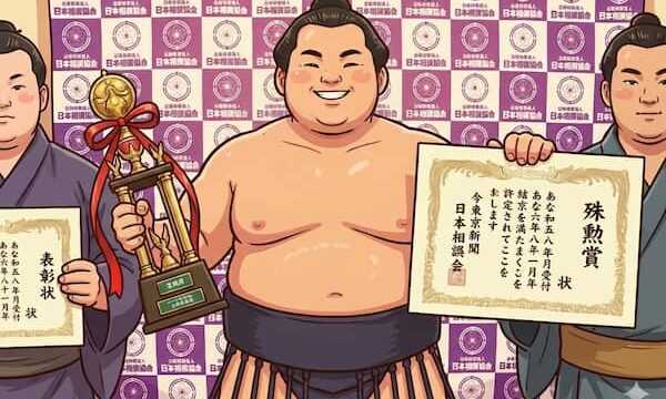 殊勲賞を受賞した力士のイラスト