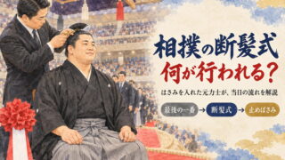 両国国技館の土俵で、紋付羽織袴に大銀杏の力士が椅子に座り、黒いスーツの男性が髷にはさみを入れている断髪式の場面