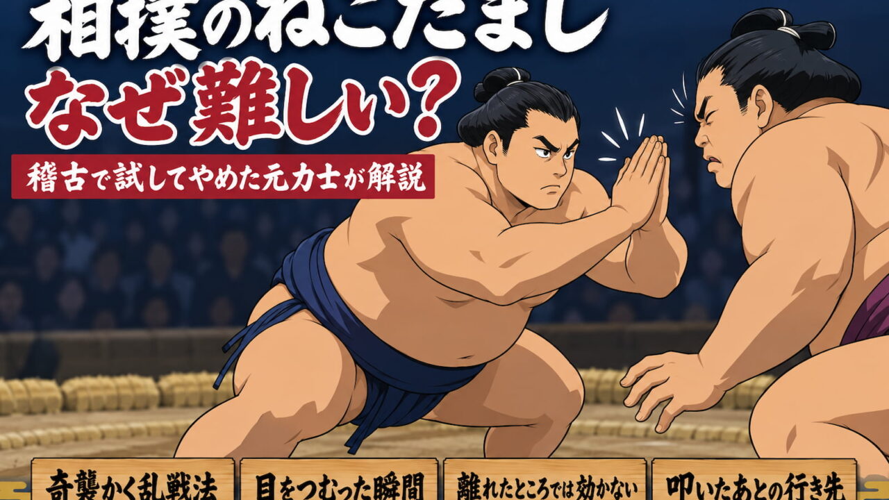 立ち合いで相手の顔の前に両手を打ち合わせる力士と、目をつむる相手（ねこだまし）