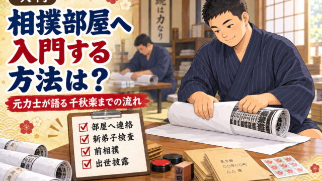 浴衣姿の新弟子が、番付を丸めて模造紙で包んでいるイラスト