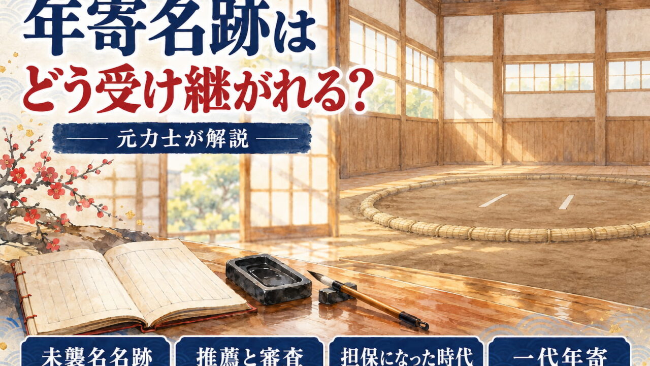 誰もいない相撲部屋の稽古場の土俵と、上がり座敷に置かれた帳面と筆