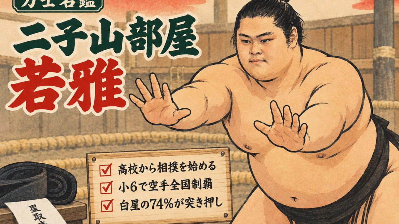 突っ張りを繰り出す二子山部屋の若雅のイラスト