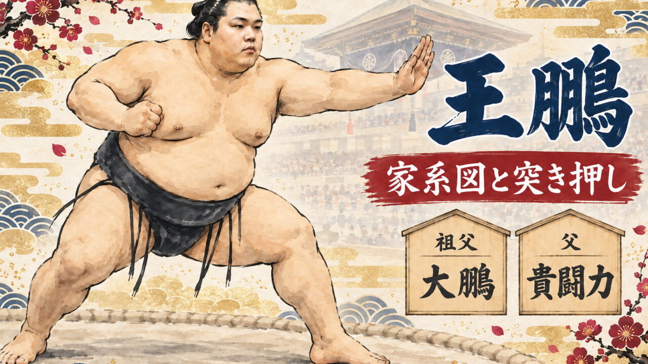 王鵬が突き押しで前へ出るイラスト。祖父・大鵬と父・貴闘力の札